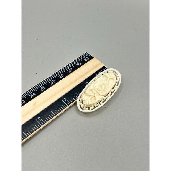 Vintage Carved Celluloid Ivory White Floral Brooch Pin Intricate Rose Design - Picture 6 of 6